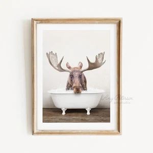 Moose in a Vintage Bathtub, Rustic Bath Style, Moose in Tub, Animal Bathroom Art, Bathroom Wall A... | Etsy (US)