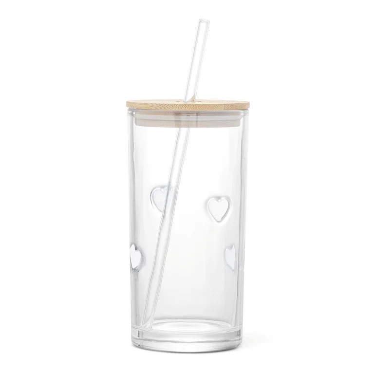 Thyme & Table 16 fl oz White Heart Charm Sipper with Glass Straw and Wood Lid | Walmart (US)