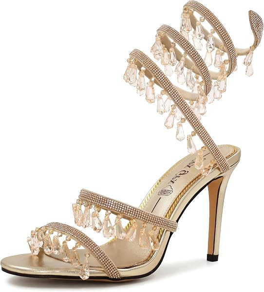 Rhinestone High Heels for Women Ankle Wrap Stiletto Sandals with Crystal Pendants Sexy Party Brid... | Amazon (US)
