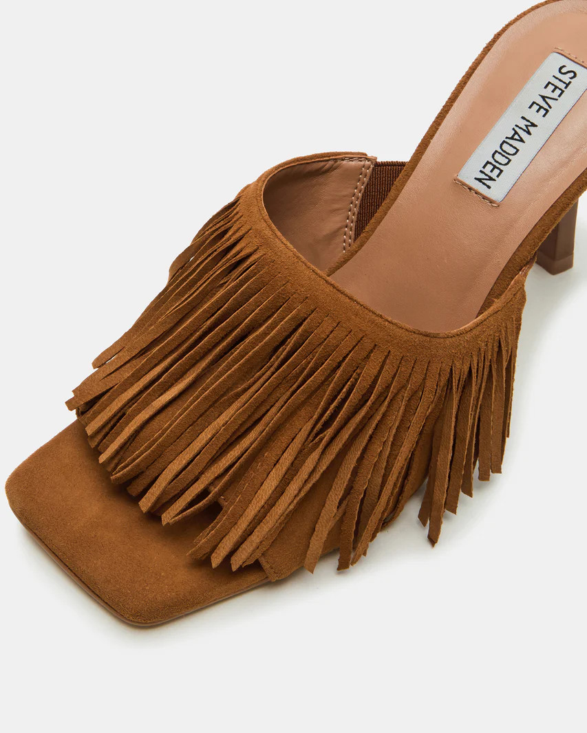 MORINA Cognac Suede Square-Toe Stiletto Mule Fringe Heel | Women's Heels | Steve Madden (US)