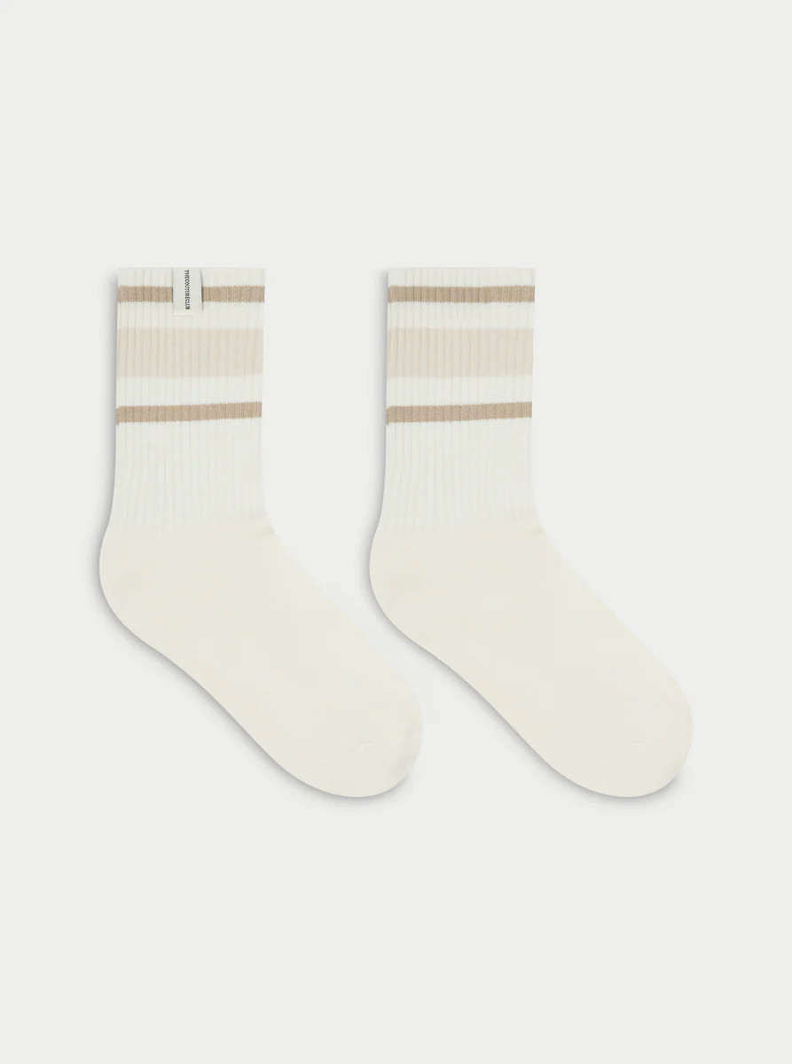 STRIPED BRANDED LABEL SOCK - BEIGE | The Couture Club
