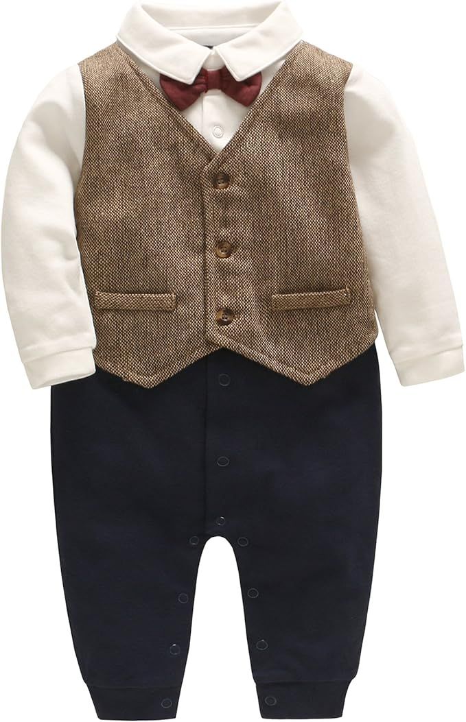 Feidoog Newborn Gentleman One Piece Long Sleeve Baby Boys Gentleman Formal Tuxedo Outfit Suit | Amazon (US)