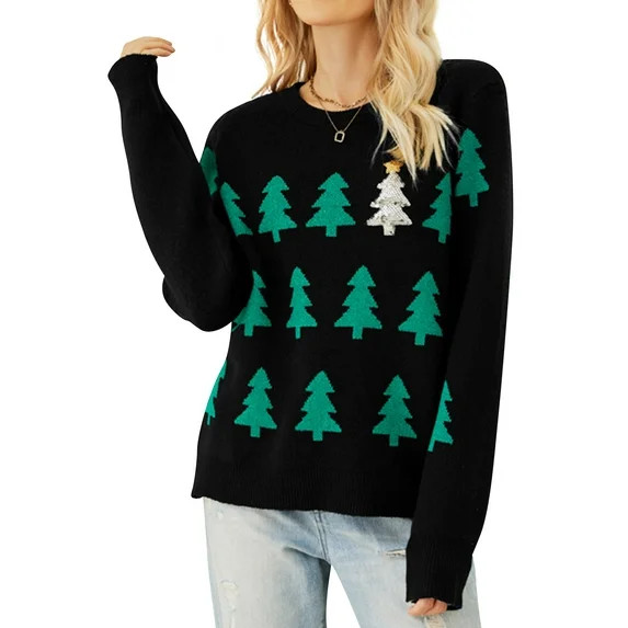 QAFOPEH Women Christmas Tree Sequin Printed Crew Neck Long Sleeve Knitted Sweater | Walmart (US)