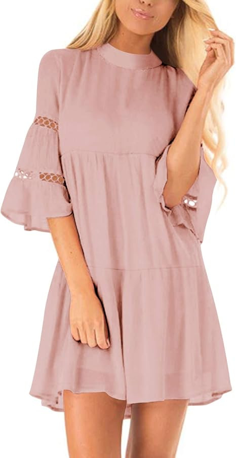 ZANZEA Women's Vintage Floral Lace V Neck 3/4 Bell Sleeve Cocktail Wedding Party A-line Swing Cas... | Amazon (US)