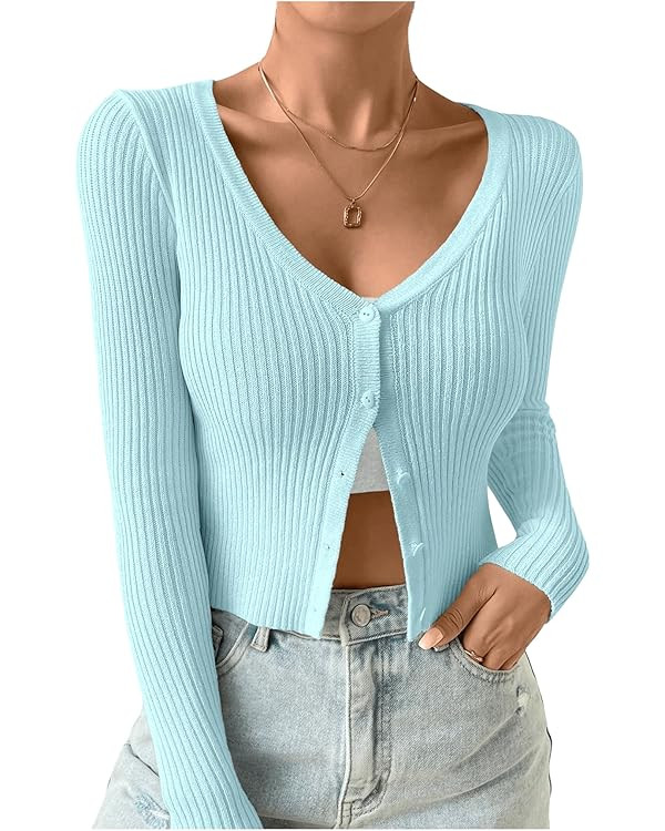 SHENHE Women's Ribbed Knit Button Down V Neck Lightweight Cropped Cardigan Sweater | Amazon (US)