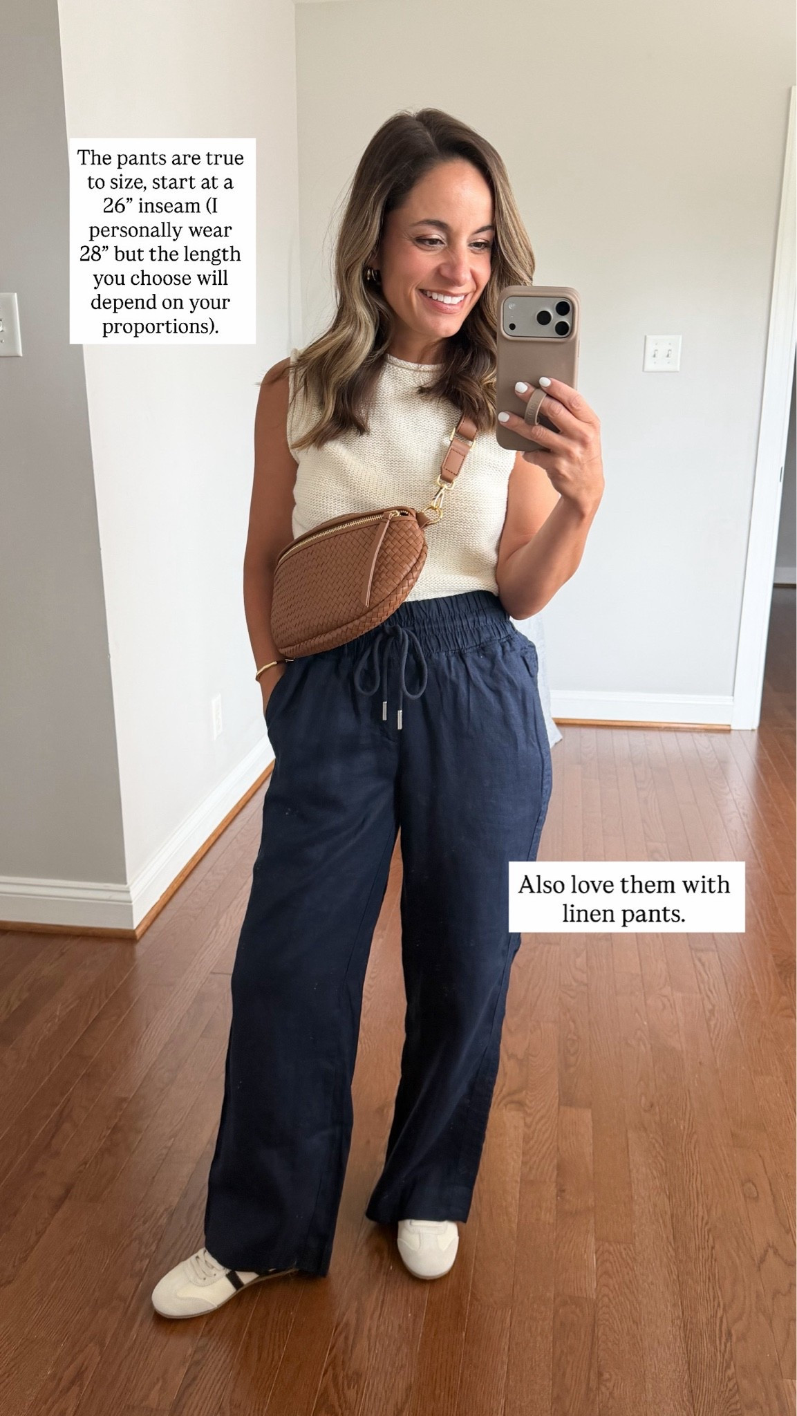 Comfortable casual outfits I’ve been wearing lately! 

Sweater tank top (Abercrombie): xxs 
Linen pants (Quince): xs 28” inseam 
Sneakers (Quince): true to size