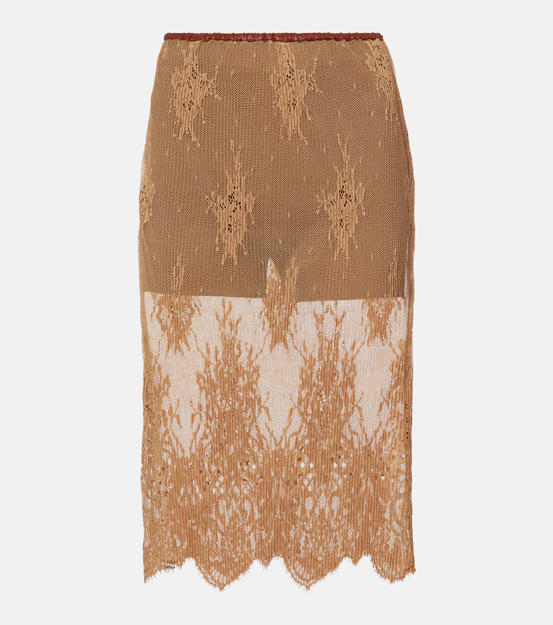 Layered leather-trimmed lace midi skirt | Mytheresa (US/CA)