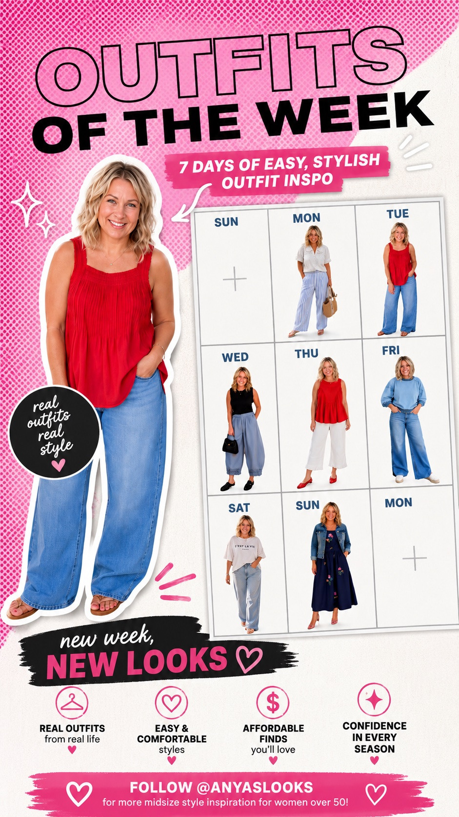 Outfits of the Week ✨
A new week means new outfit inspiration! 💕
These are the looks I wore this week—easy, comfortable, feminine outfits that work for real life. From casual denim days to flowy dresses and summer-ready tops, every outfit helped me feel confident without overthinking what to wear.
Which look is your favorite? Monday, Tuesday, Wednesday, Thursday, Friday, Saturday, or Sunday? 
-
Outfits of the Week, Fashion Over 50, Midsize Fashion, Midsize Style, Women Over 50 Style, Affordable Fashion, Walmart Fashion Finds, Casual Chic Outfits, Summer Outfit Ideas, Everyday Style, Outfit Inspiration, Real Life Fashion, Wide Leg Jeans Outfit, Midlife Fashion, Feminine Style, Comfortable Fashion, Casual Summer Outfits, OOTD, Weekly Outfit Roundup, Anya’s Looks, Style Inspiration, Fashion Reels, Confidence in Midlife, Budget-Friendly Fashion, Stylish Women Over 50, Outfit Ideas for Women, Easy Outfit Formulas, Real Women Real Style, Summer Fashion Trends, Midsize Outfit Ideas.
