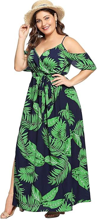 Milumia Women Plus Size Cold Shoulder Floral Maxi Bohemian Split Dress | Amazon (US)