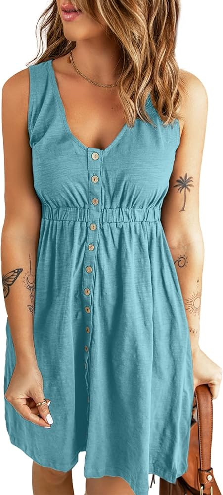 Acelitt Womens Casual Sleeveless Button Down Elastic Waist Swing Dresses, XS-2XL | Amazon (US)
