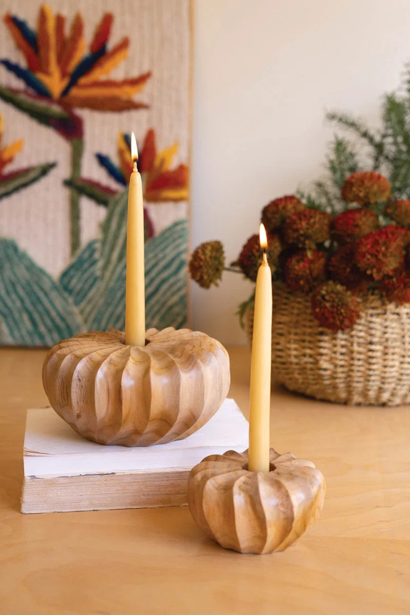 Set of Two Teakwood Taper Candle Holders Carved Pumpkin Design Decorative Tabletop Decor Accent B... | Wayfair North America