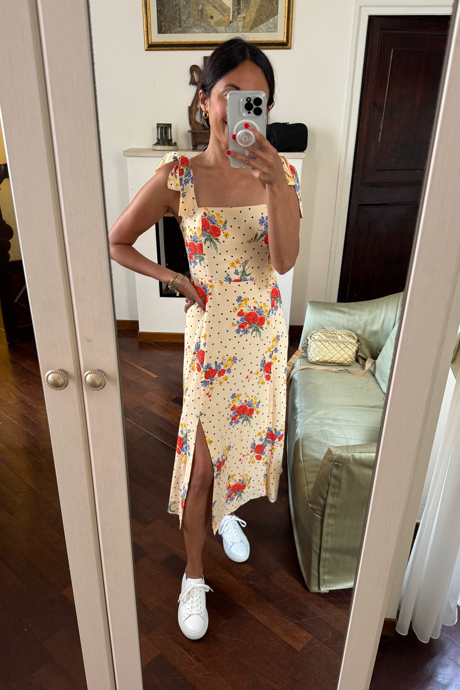 Vacation dress. Europe vacation. Vacation outfit. True to size. Love this classic feminine style from @sezane. 
White sneakers. 
Crossbody bag  

#LTKTravel #LTKOver40 #LTKStyleTip