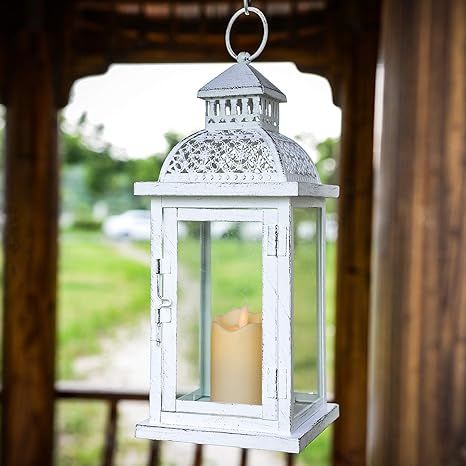 Ninganju 13 Inches Tall Rustic Decorative Candle Lantern White Metal Antique Outdoor Decorative H... | Amazon (US)