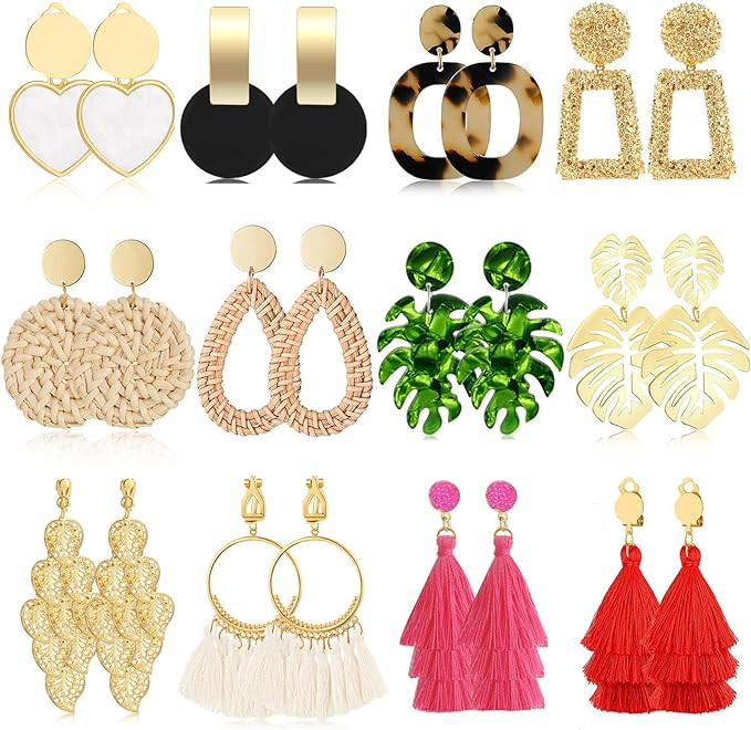 Honsny 12 Pairs Clip on Earrings for Women Fashion Rattan Tassel Earrings Set Bohemian Acrylic St... | Amazon (US)