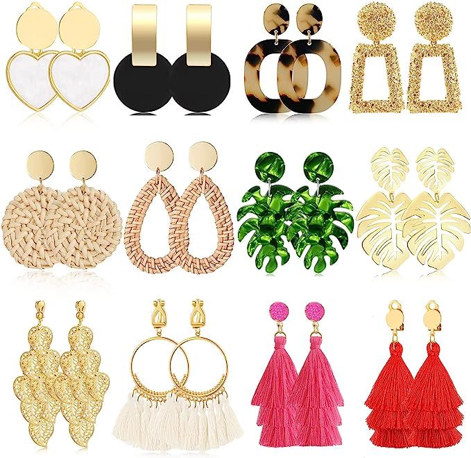 Honsny 12 Pairs Clip on Earrings for Women Fashion Rattan Tassel Earrings Set Bohemian Acrylic St... | Amazon (US)
