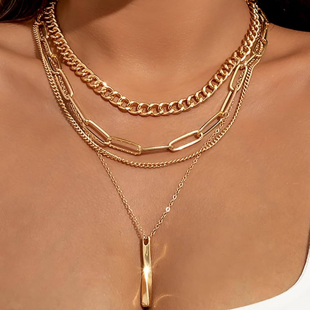 MUAYOUAUM Bar Necklaces for Women Gold Layered Choker Necklaces for Men Link Chain Necklaces （G... | Amazon (US)