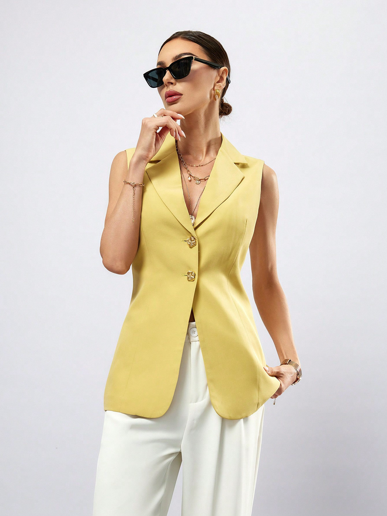 SHEIN Modichic Ladies' Solid Color Sleeveless Vest With Suit Collar, Fashionable Business Suit Wa... | SHEIN