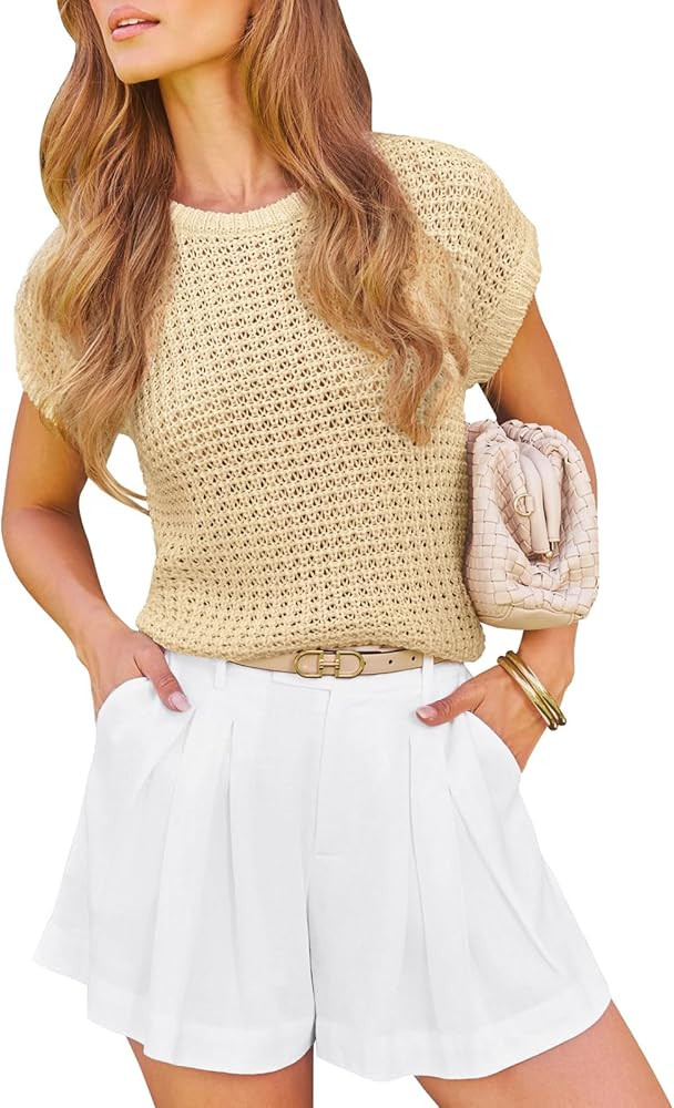 Short Sleeve Sweater for Women Boho Crochet Knit Tops Pullover Shirts Cute Summer Blouse Dressy C... | Amazon (US)