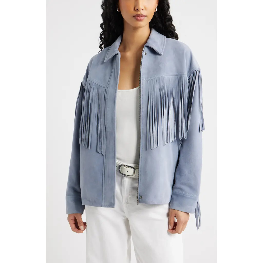 Open Edit Fringe Suede Jacket in Blue Umbra at Nordstrom, Size Small | Nordstrom