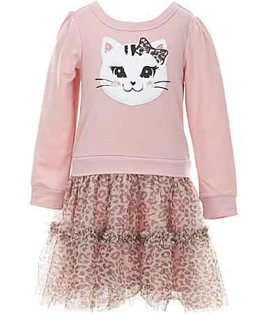 Zunie Little Girls Long-Sleeve Cat-Face-Appliqued French Terry BodiceAnimal-Printed Mesh Tutu-Skirted P | Dillard's