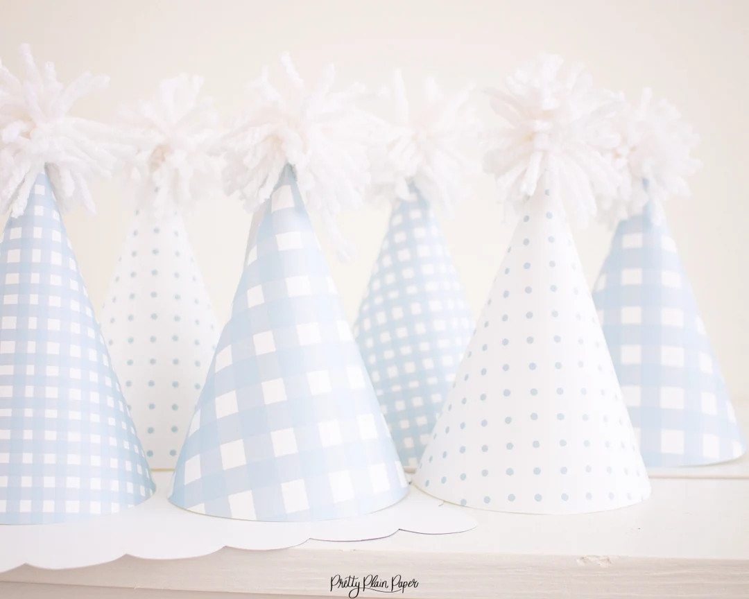 Blue Gingham Party Hats & Blue Polka Dots Printable Template Download 1027 1028 1023 1050 | Blue ... | Etsy (US)