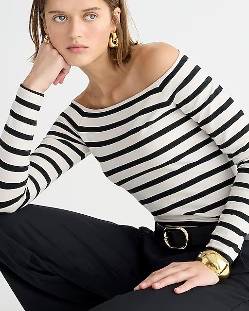 Off-the-shoulder long-sleeve shirt in striped stretch cotton | J.Crew US