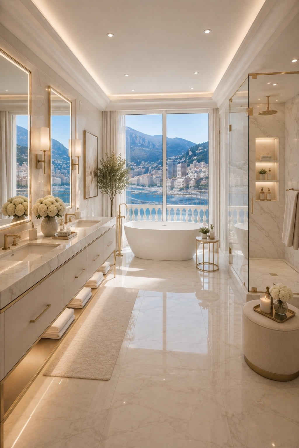 Create a five-star hotel experience at home with this luxury bathroom featuring a freestanding soaking tub, marble finishes, custom vanity, warm lighting, and breathtaking ocean views. The perfect blend of timeless elegance and modern comfort for a relaxing spa-inspired retreat.

#luxurybathroom #bathroomdesign #spabathroom #modernbathroom #marblebathroom #bathroominspo #luxuryhome #interiordesign #homedecor #neutralhome #dreambathroom #hotelstyle #organicmodern #bathroomdecor #homeinspiration #amazonhome #ltkhome #designerhome #minimalistluxury #freestandingtub