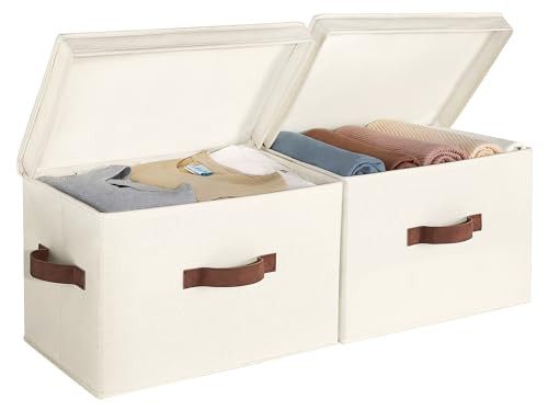 StorageWorks Storage Boxes with Lids, Large Foldable Storage Boxes for Shelves, Decorative Fabric Storage Baskets with Handles for Wardrobe Top Organising Clothes, Ivory White, 2-Pack | Amazon (UK)