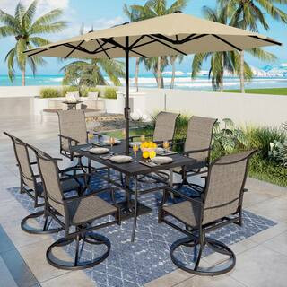 PHI VILLA 8-Piece Metal Outdoor Patio Dining Set with Padded Textilene Swivel Chairs and Umbrella... | The Home Depot