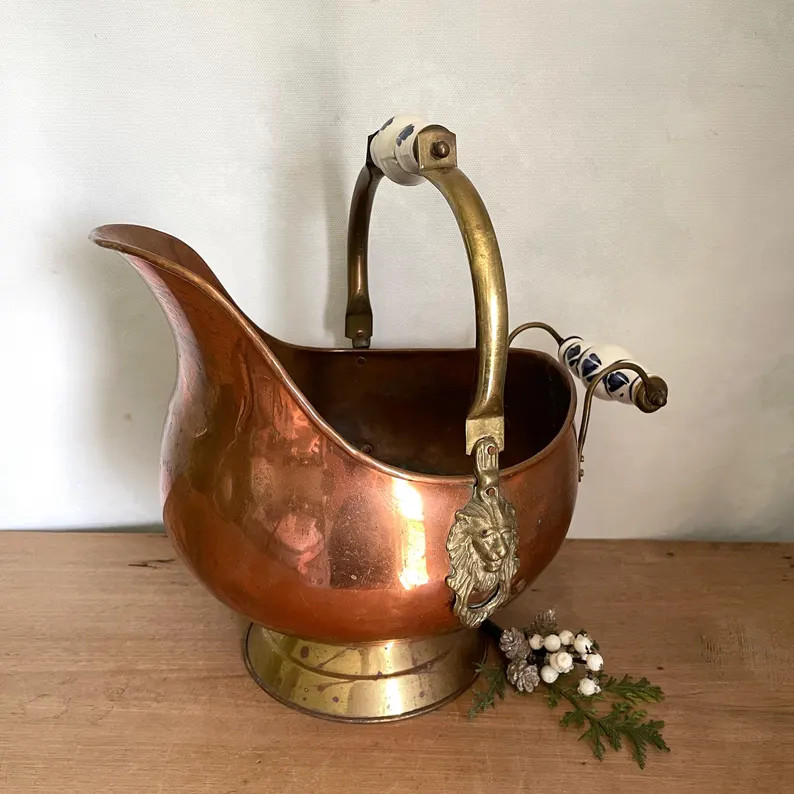 Vintage Copper Coal Scuttle \u2013 Rustic Farmhouse Decor | Brass & Ceramic Handle Accent | Etsy (Global)