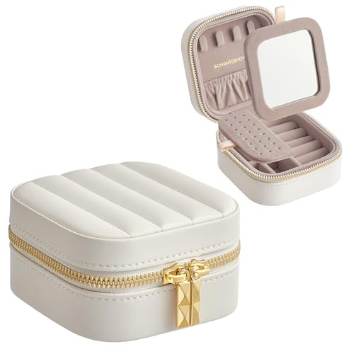 SONGMICS HOME Travel Jewelry Case, Small Jewelry Box Organizer with Mirror, 4.1 x 4.1 x 2.4 Inches, PU Surface with Stitching, Portable, Christmas Gift, Cloud White, ANAH Collection UJBC179W01 | Amazon (US)