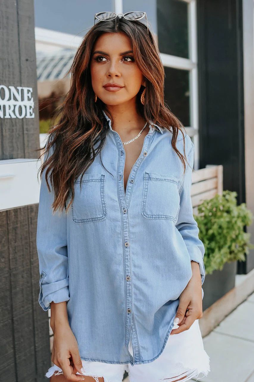 Light Wash Chambray Long Sleeve Button-Down Shirt | Magnolia Boutique