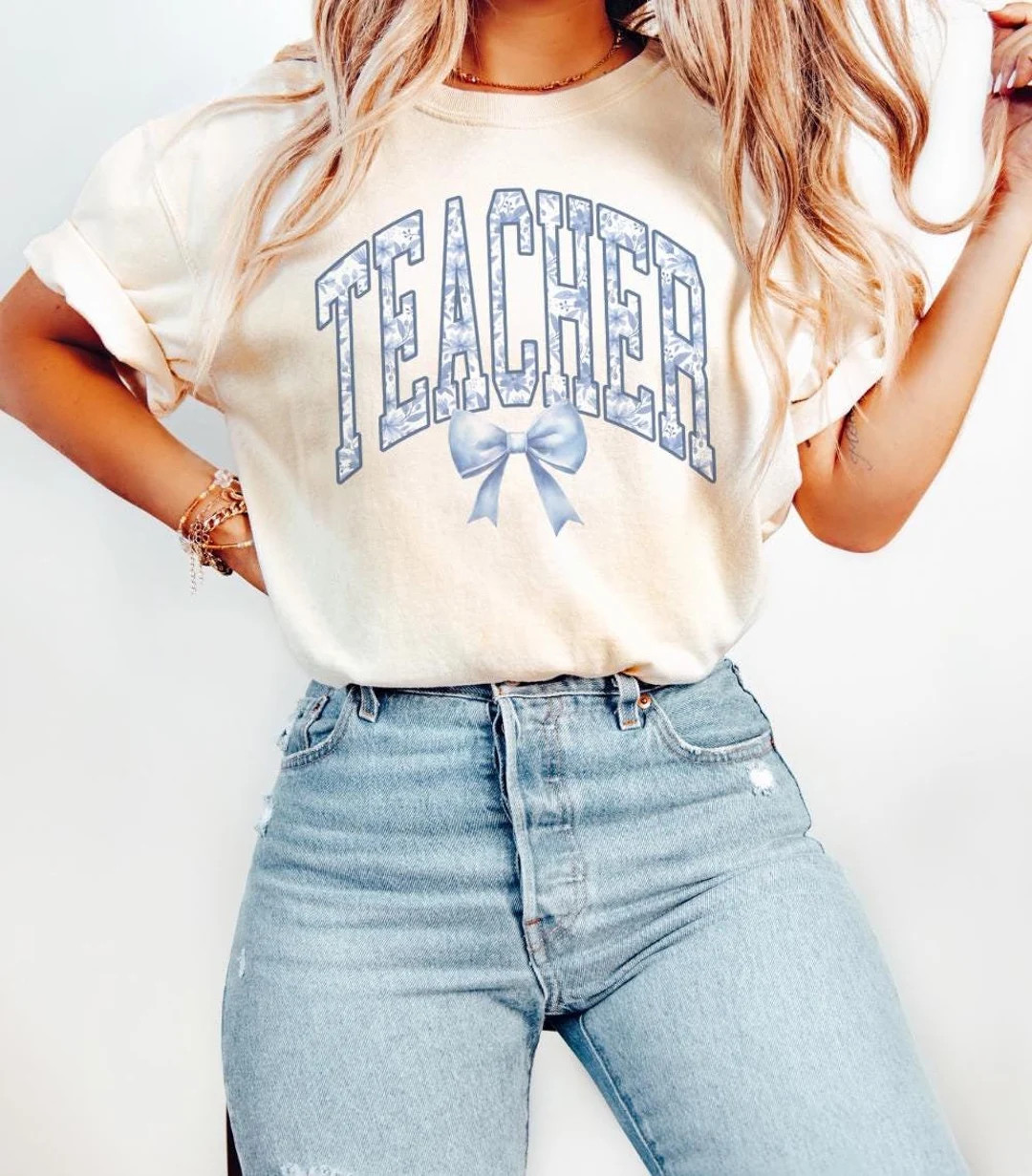 Floral Bow Teacher Shirt Coquette Tshirt Varsity Teacher Tee Blue Comfort Colors Tee Gift for Tea... | Etsy (US)