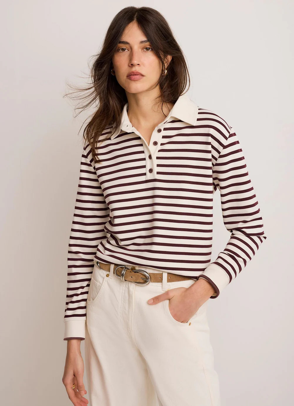 Burgundy Stripe Polo Shirt Top | Mint Velvet
