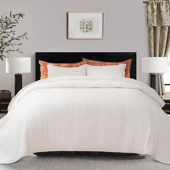 EVERGRACE Velvet Quilt Set Queen Size, Luxurious Soft Striped Channel Bedding Set, Lightweight Ve... | Amazon (US)