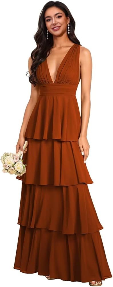 V Neck Bridesmaid Dress 2025 Chiffon Ruffle Tiered Long Wedding Guest Dress A Line Formal Evening... | Amazon (US)