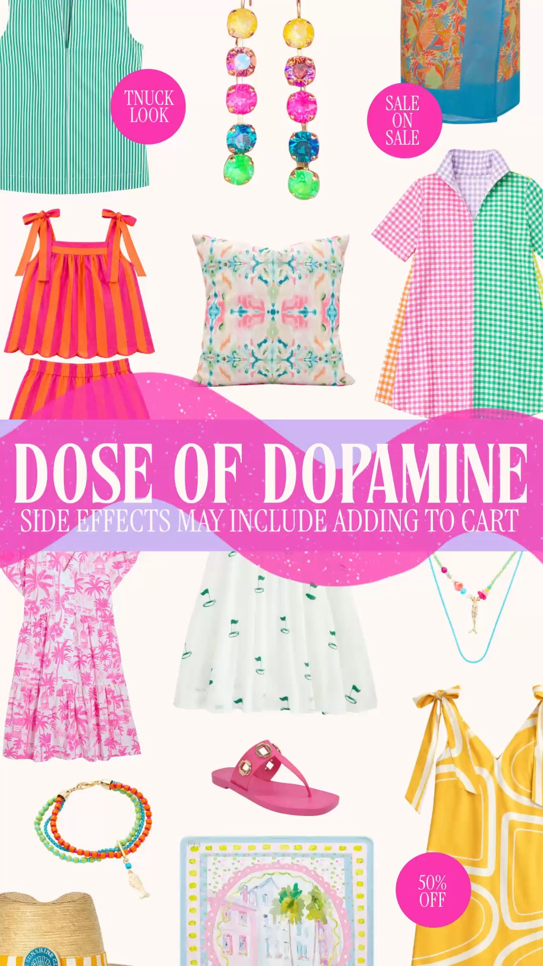 Colorful summer outfits | dopamine dressing | Lilly Pulitzer inspired | preppy style | colorful accessories

Warning: side effects may include an aggressively full cart.

If your closet philosophy is “more color, please,” welcome home.

This edit is full of the pieces that make getting dressed more fun: Lilly Pulitzer inspired dresses, Tuckernuck look for less finds, colorful jewelry, statement earrings, beaded bags, bold sandals, Palm Beach prints, colorful home finds, striped dresses, playful accessories, and the little extras that make every outfit feel happier.

This is dopamine dressing at its best. Bright pink. Kelly green. Cobalt blue. Citrus yellow. Coral. Turquoise. The kind of bold color story that turns white denim, a simple dress, or a vacation outfit into something more than just an outfit. 

Whether you’re packing for vacation, heading to brunch, decorating a beach house, refreshing your summer wardrobe, or simply refusing to let your closet become fifty shades of beige, this is your edit.

Dopamine dressing, dopamine outfit, colorful outfits, colorful summer outfits, colorful fashion, vibrant colors, colorful wardrobe, colorful accessories, colorful jewelry, statement earrings, colorful necklaces, charm jewelry, beaded bracelets, beaded bags, colorful handbags, Lilly Pulitzer inspired, Lilly Pulitzer style, Lilly P inspired, Palm Beach style, Palm Beach fashion, preppy style, preppy summer outfits, colorful dresses, summer dresses women, resort wear, vacation outfits, beach vacation outfits, beach town style, colorful sandals, Tuckernuck look for less, designer look for less, maximalist fashion, maximalist style, colorful home decor, colorful Amazon finds, Amazon fashion finds, Amazon home finds

#LTKFindsUnder50 #PreppyStyle #DopamineDressing #LillyPulitzer #PalmBeachStyle #ColorfulStyle #VacationStyle #LookForLess #LTKFindsUnder100

#LTKSaleAlert #LTKSeasonal #LTKHome #LTKTravel