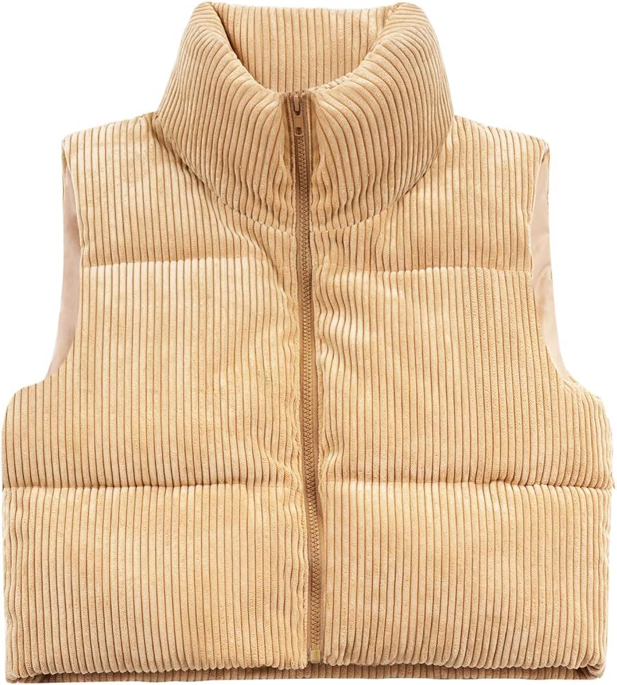 WUEAOA Women's Cropped Puffer Vest Winter Sleeveless Warm Outerwear Vests Lightweight Corduroy Coat  | Amazon (US)