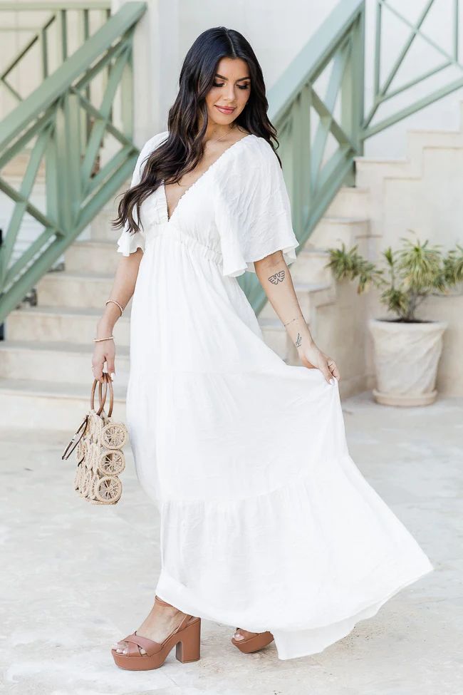 Everything Pretty White V-Neck Maxi Dress | Pink Lily