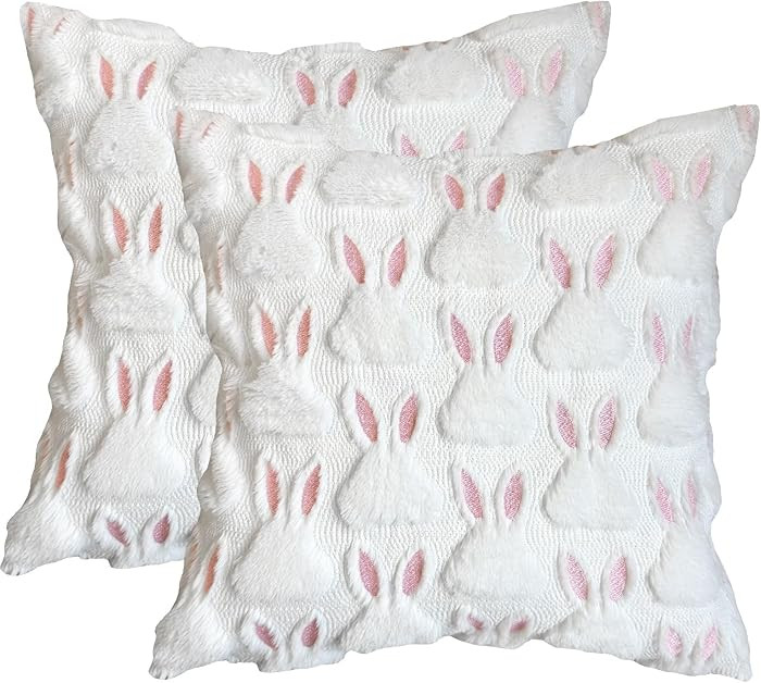 GEEORY Easter Soft Plush Bunny Pillow Covers - 18x18 Inch Set of 2, Fluffy 3D Bunnies Faux Fur De... | Amazon (US)