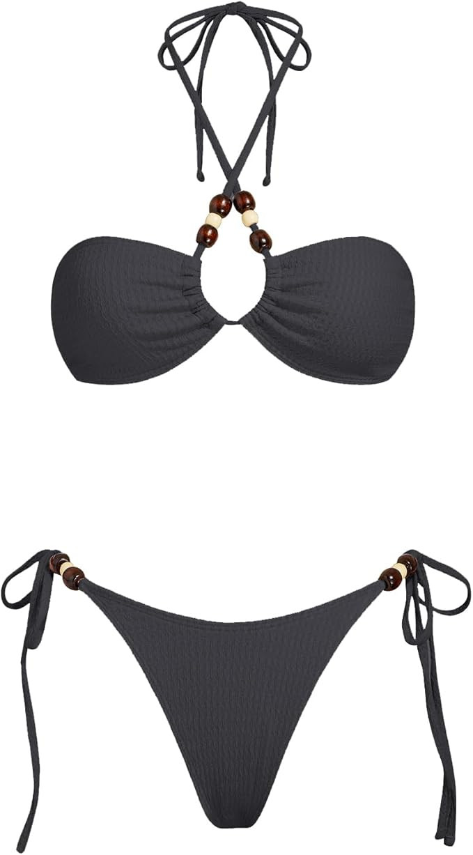 VOLAFA Triangle Bikini Set for Women Halter Swimsuit Beaded Solid Tie Textured Cheeky Swimwear Tw... | Amazon (US)