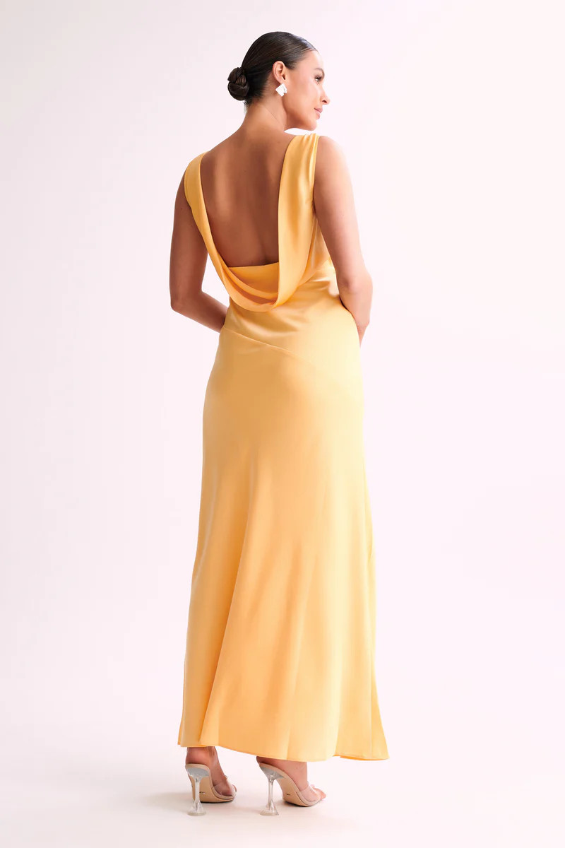 Nadia Maxi Satin Dress With Back Cowl - Lemon | MESHKI US