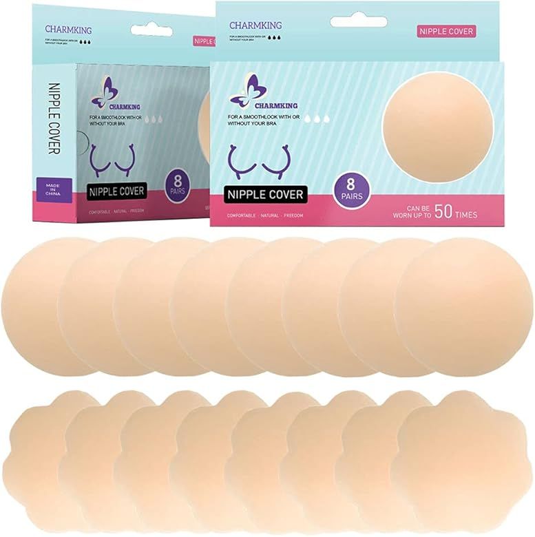 8 Pairs Womens Reusable Adhesive Nipple Covers Invisible Round Silicone Cover | Amazon (US)