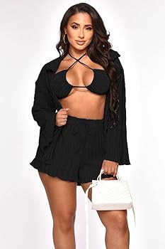 Sweatsuits for Women Set Cardigan 3 Piece Outfits Casual Loose Tracksuit Ruffle Long Sleeve Pleated  | Amazon (US)