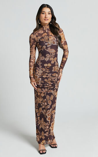 Vivian Midi Dress - High Neck Long Sleeve Mesh Dress in Amber Bloom Print | Showpo (US, UK & Europe)