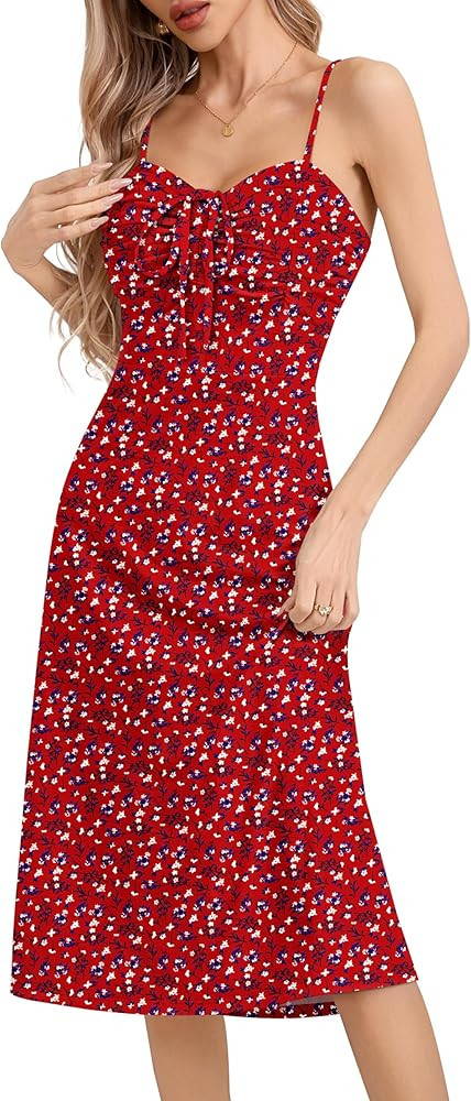 Missufe Women's Summer Floral Midi Sundress Spaghetti Strap Drawstring Front Fit and Flare Casual... | Amazon (US)