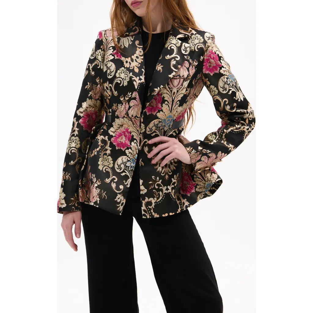 AZALEA WANG Metallic Floral Jacquard Peplum Blazer in Black Multi at Nordstrom, Size X-Large | Nordstrom