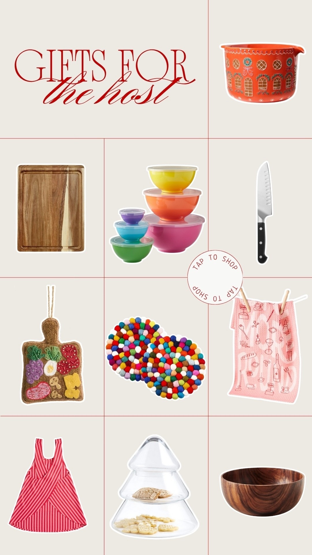 Gifts for the host:
• Gingerbread mixing bowl: she can leave it out on the counter it’s so gorgeous 
• Acacia cutting board: large enough to use as a charcuterie board as well
• Bowls with lids: she will find a million uses for all of them
• Santoku knife: one amazing knife they’ll use for everything 
• Charcuterie felt ornament: immortalize her amazing spreads 
• Wool trivets: they’ll be the ones she reaches for all year!
• Charming tea towel: add it to her collection
• Smock apron: the best, most functional apron and of course it’s cute 
• Christmas tree cookie jar: a gorgeous modern cookie jar to show off her gorgeous holiday treats
• Acacia salad bowl: the universal sign of an amazing salad 


#LTKGiftGuide #LTKHoliday #LTKfoodie