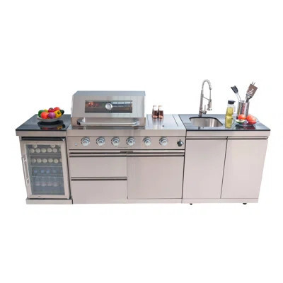 46-Inch 4-Burner 72000 BTU Deluxe Stainless Steel Gas Outdoor Kitchen Bar Barbecue Island Grill + Wine Cooler Compact Refrigerator + Rotisserie + Gra | Wayfair North America