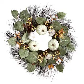 22" Autumn Green Pumpkin, Cotton & Berries Fall Wreath | Michaels | Michaels Stores